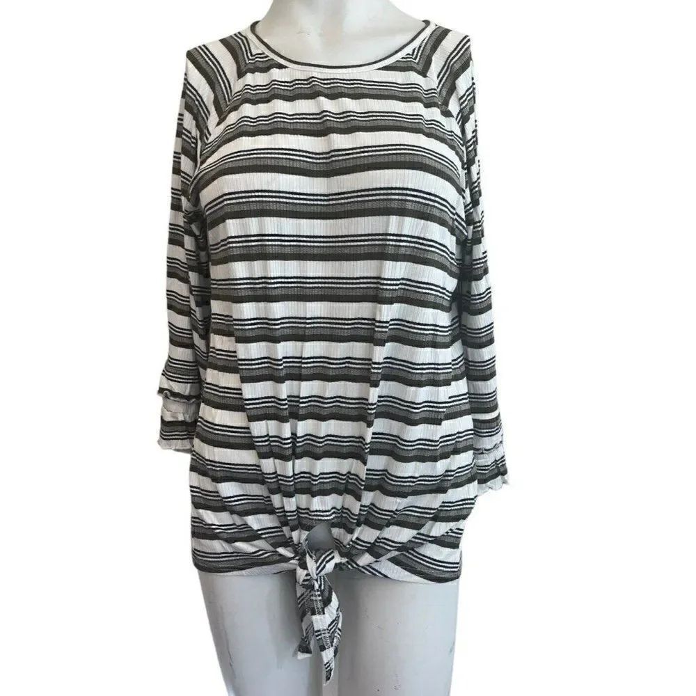 Doe & Rae Small Long Sleeve Blouse Striped Pullover Ties Tunic Green White NWT